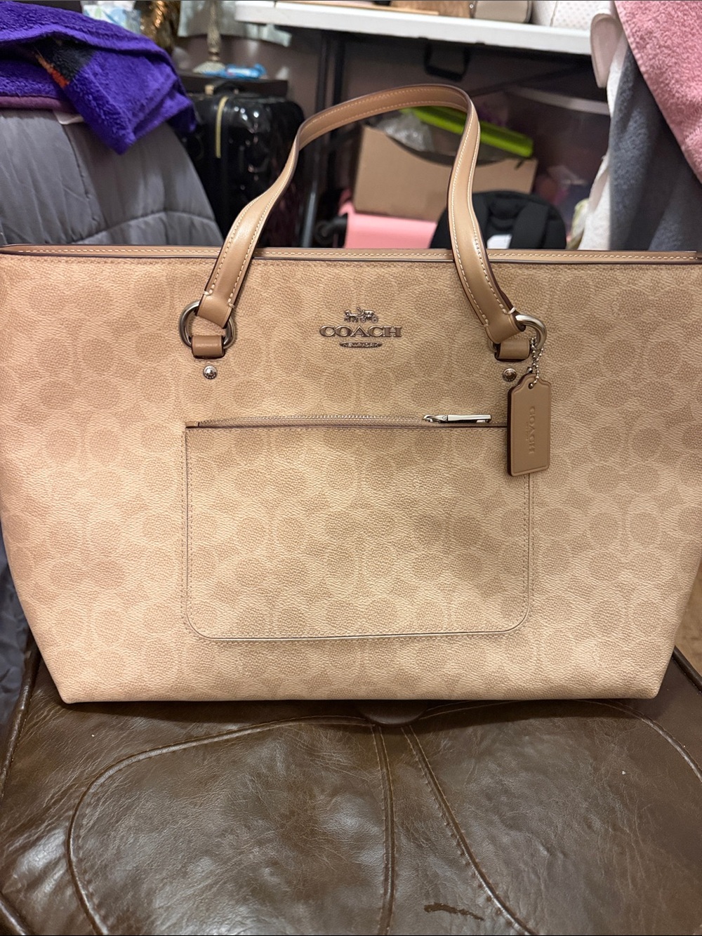 Coach Signature Tote in Beige with Tan Handles
